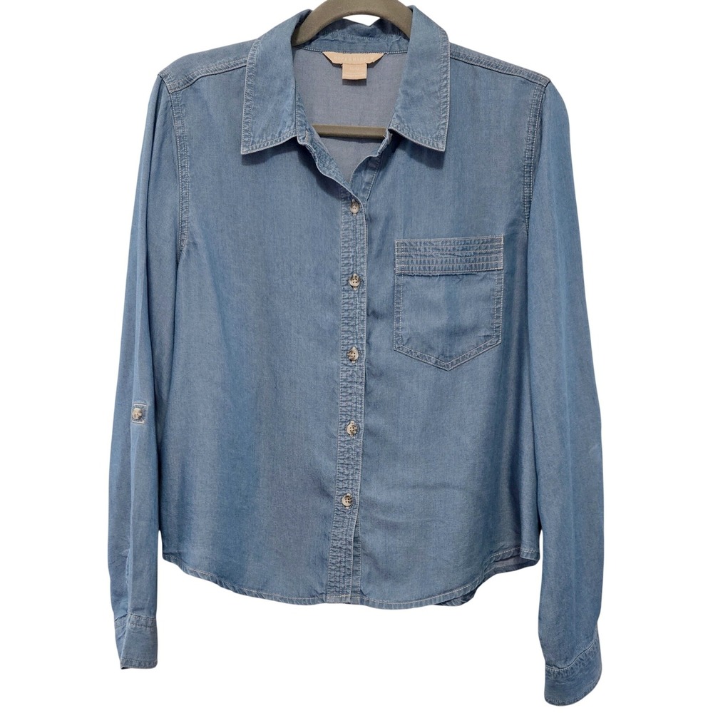 Hope & Harlow Womens M Classic Chic Blue Lyocell Cropped Denim Button Down Shirt